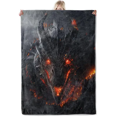 Fire Dragon Head Blanket Fierce Black Lava Design with Glowing Eyes