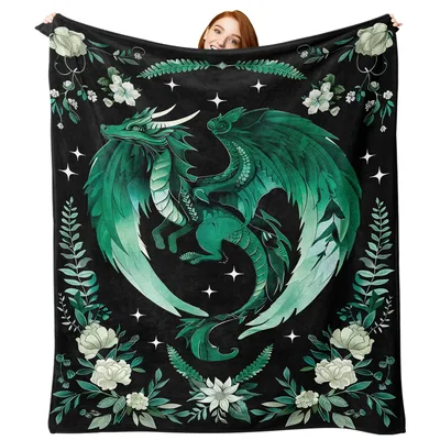 Green Dragon Wreath Blanket: Cozy Fantasy Art for Dreamers