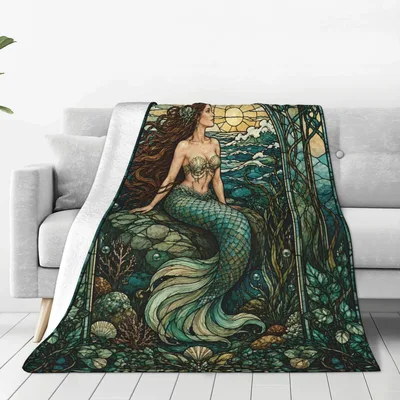 Mermaid in Enchanted Forest Blanket: Art Nouveau Sea Siren Design