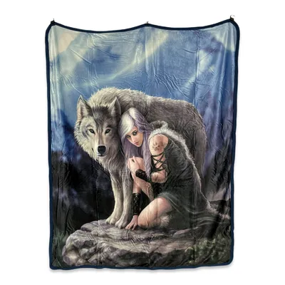 Woman Embracing Wolf Fantasy Blanket: A Bond Between Human and Beast
