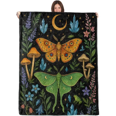 Celestial Moth and Mushroom Forest Blanket for Mystical Nature Lovers