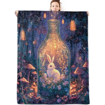 Bunny in Glass Bottle Blanket: Enchanted Forest Rabbit Art