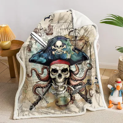 Pirate Skull Octopus Design Blanket featuring a skeletal captain