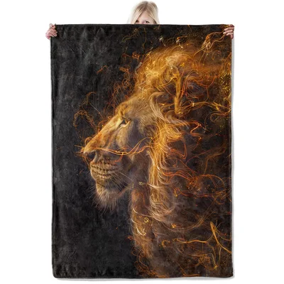 Majestic Fire Lion Head Blanket: Fiery Art for Fantasy Lovers