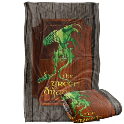 Green Dragon Inn Sign Blanket: Fantasy Wooden Plaque Design