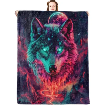 Neon Wolf Galaxy Portrait Blanket: Cosmic Feline Art for Space Lovers