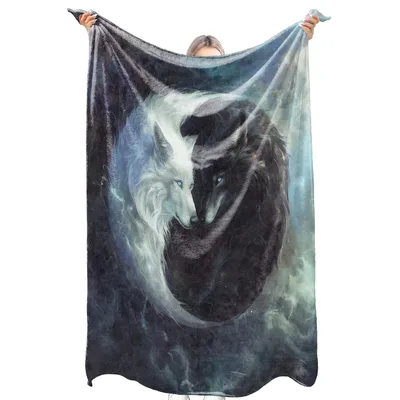 Wolves Yin Yang Cosmic Blanket: Mystical Black and White Wolf Art