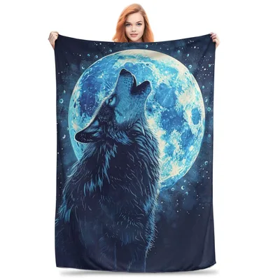 Wolf Howling at Full Moon Blanket: Wild Night Sky Design