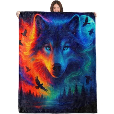Fire and Ice Wolf Blanket: Dual-Toned Fantasy Art for Cozy Nights