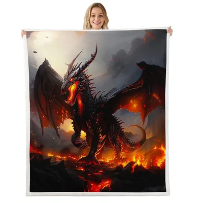 Dragon Guarding Lava Fire Blanket: Dark Fantasy Art for Myth Lovers