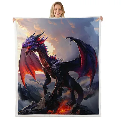 Dragon Over Fiery Mountain Blanket: A Purple Dragon on a Rocky Peak