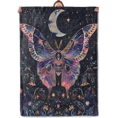 Celestial Moth Moon Design Blanket: Mystical Night Art