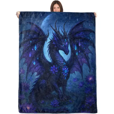 Mystical Moon Dragon Blanket: Gothic Purple Blue Crystal Art