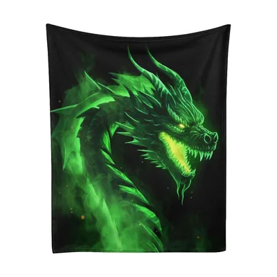 Green Fire Dragon Head Blanket: Glowing Green Fantasy Art