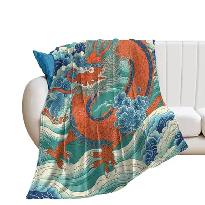Orange Dragon Over Blue Blanket: A Vibrant Asian Art Print