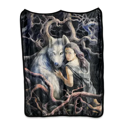 Soul Bond Wolf Blanket: Fantasy Art of Woman and White Wolf