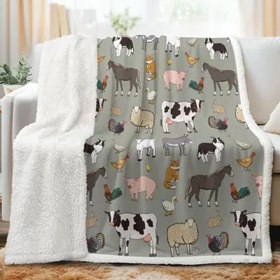 Farm Animal Blanket with Spotted Cows and Roosters Pattern