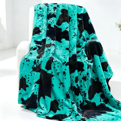 Cowhide Print Blanket Teal Cow Pattern Fleece Throw for Farm Lovers