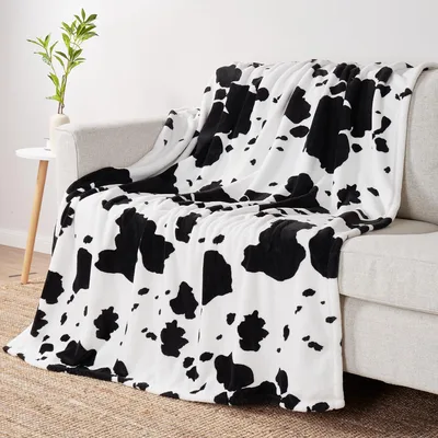 Cow Spot Plush Ivory Blanket Classic Black and White Cow Print Pattern