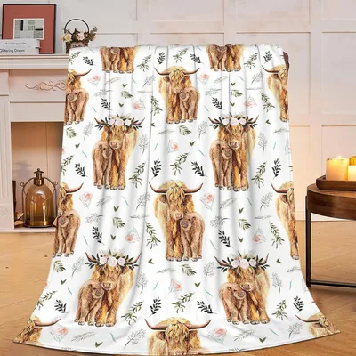 Cow Mom Blanket: Highland Cow Pattern with Floral Crown and Calf