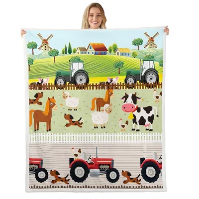 Farm Animals Blanket with Tractors and Farmyard Friends for Kids