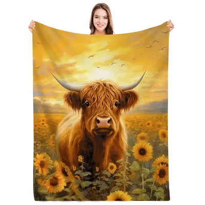 Farm Cow Blanket: Highland Cow and Sunflowers Art