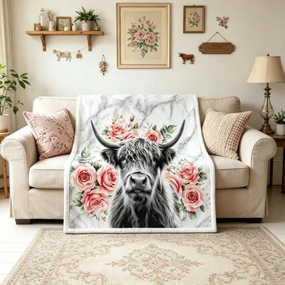 Pink Roses Cow Blanket: Highland Cow Floral Design