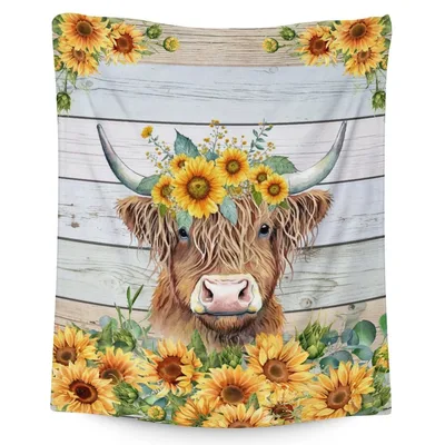 Sunflower Cow Blanket: Highland Cow with Sunflower Crown Design