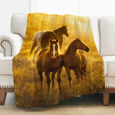Horses in Sunlight Blanket: Golden Field Equestrian Art for Home