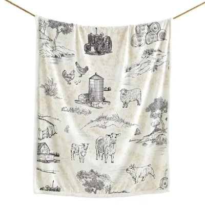 Farm Animals Toile Blanket: Vintage Farm Life Sketches for Cozy Days