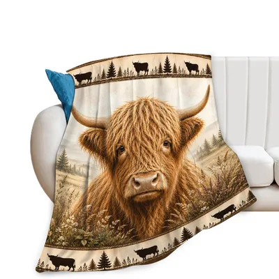 Highland Cow Farmhouse Cow Blanket: Rustic Shaggy Bull Art
