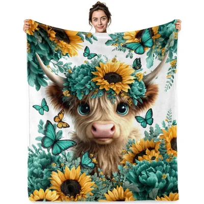 Highland Cow Sunflowers Blanket: Fluffy Calf in Floral Crown