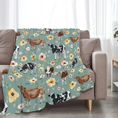 Cow Farm Floral Pattern Blanket: Cows and Flowers on a Soft Throw