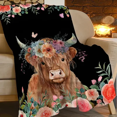 Highland Cow Floral Blanket: Shaggy Cattle with a Flower Crown