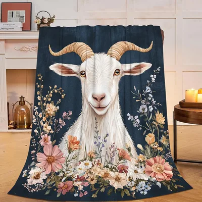 Goat Floral Farmhouse Blanket: A White Goat Surrounded by Wildflowers