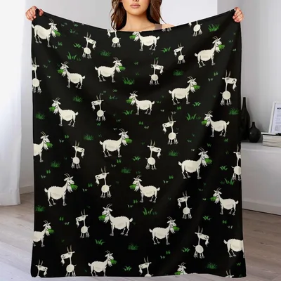 Goat Pattern Cartoon Blanket: Whimsical Goats Grazing on Black