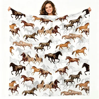 Galloping Herd on White Blanket: Running Horse Pattern Throw