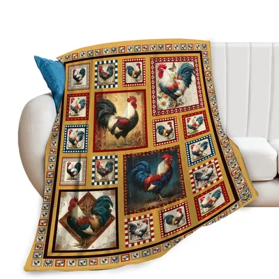 Rooster Chicken Farmhouse Blanket: Vintage Rooster Collage Throw