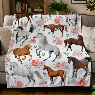 Horses and Roses Pattern Blanket: Equestrian Floral Throw Design