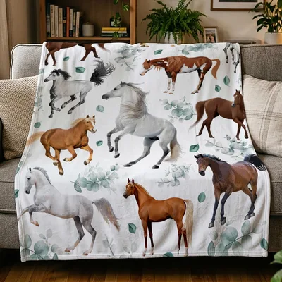 Horses and Eucalyptus Leaves Blanket: A Watercolor Horse Lover Design