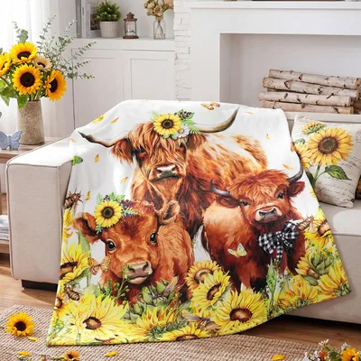 Highland Cows in Sunflowers Blanket: Fluffy Farm Friends in a Field