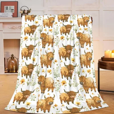 Highland Cow Farm Blanket: Fluffy Cows and Wildflowers Pattern
