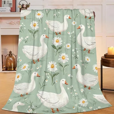 Goose Daisy Floral Pattern Blanket: White Geese and Daisies Design