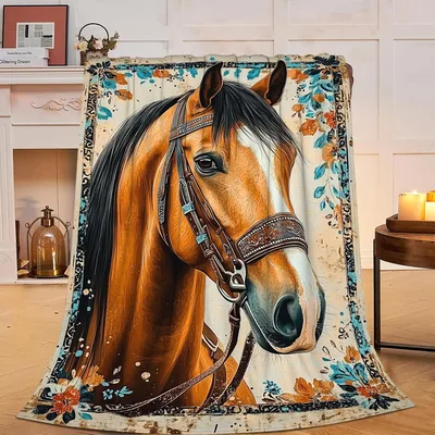 Horse Floral Decor Blanket: Vintage Horse Portrait with Floral Border