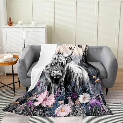 Highland Cow in Lavender Blanket: Shaggy Cattle Among Wildflowers