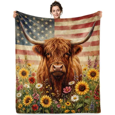 Highland Cow Flag Flowers Blanket: Shaggy Cow on American Flag
