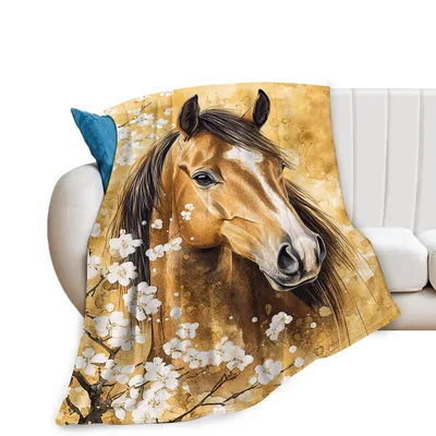 Watercolor Horse Among Blossoms Blanket: Equine Art with White Flowers