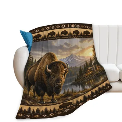 Bison Wildlife Cabin Blanket: Rustic Bison and Mountain Lodge Design