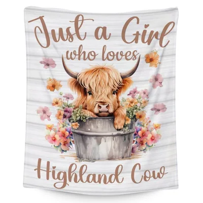 Highland Cow Watercolor Flowers Blanket: Cute Cow in Tub Design