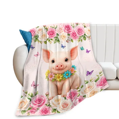 Pig with Flowers Blanket: Smiling Piglet Wearing a Floral Collar
